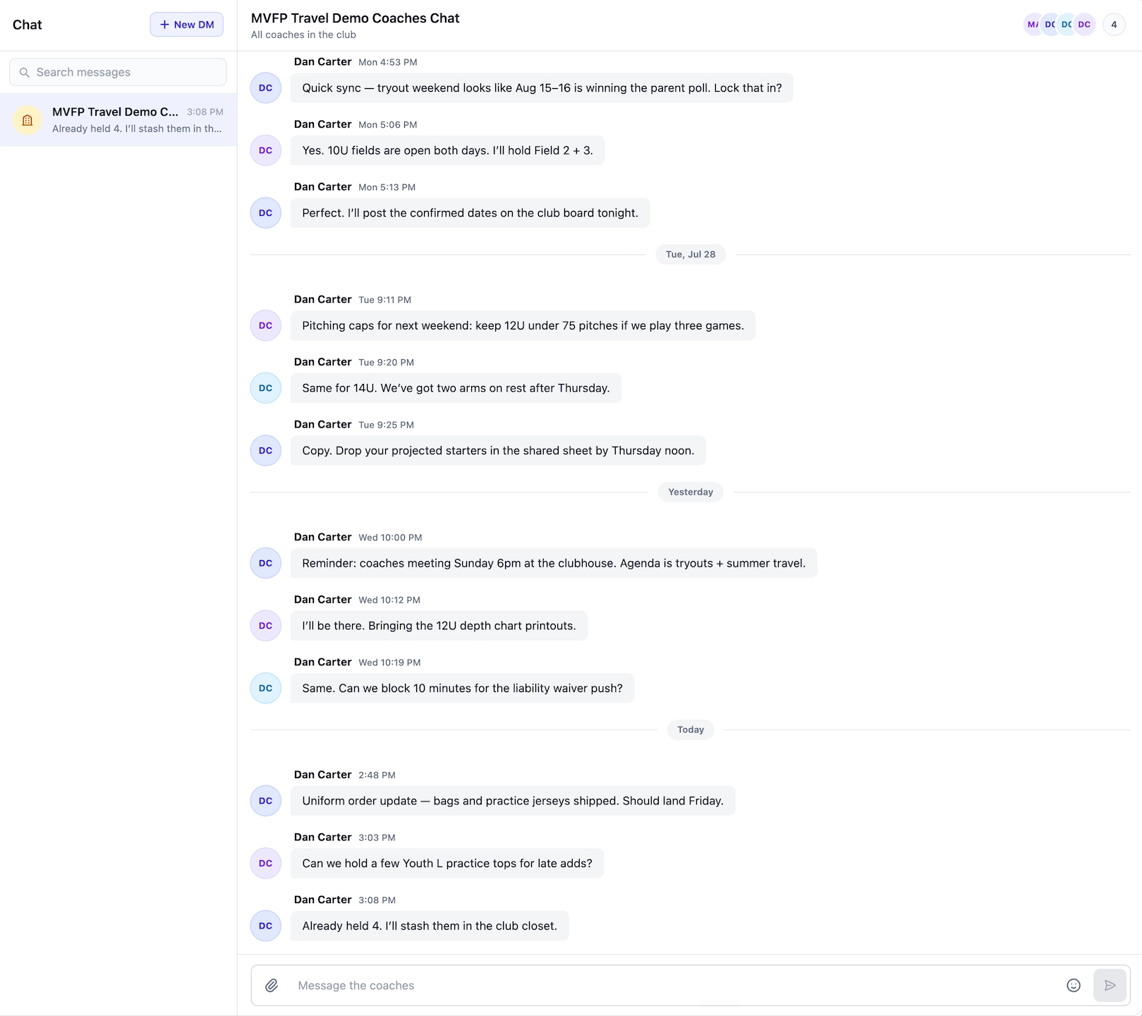 Lineupp club coaches chat for coordinating tryouts, tournament logistics, and team decisions