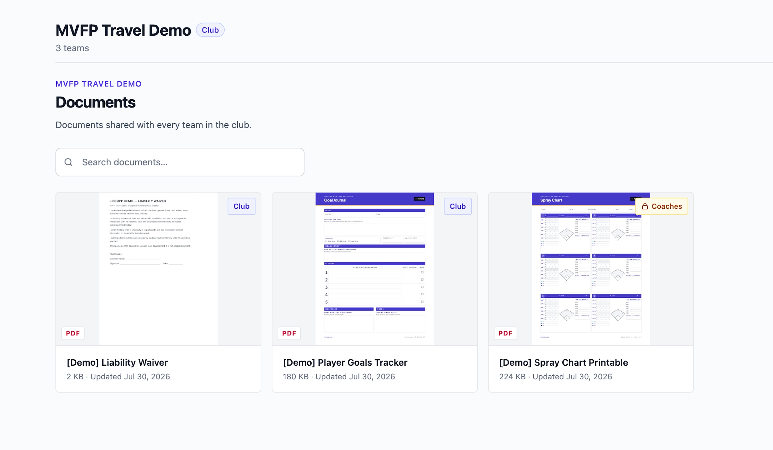 Lineupp club documents library with shared waivers, handbooks, and printable resources