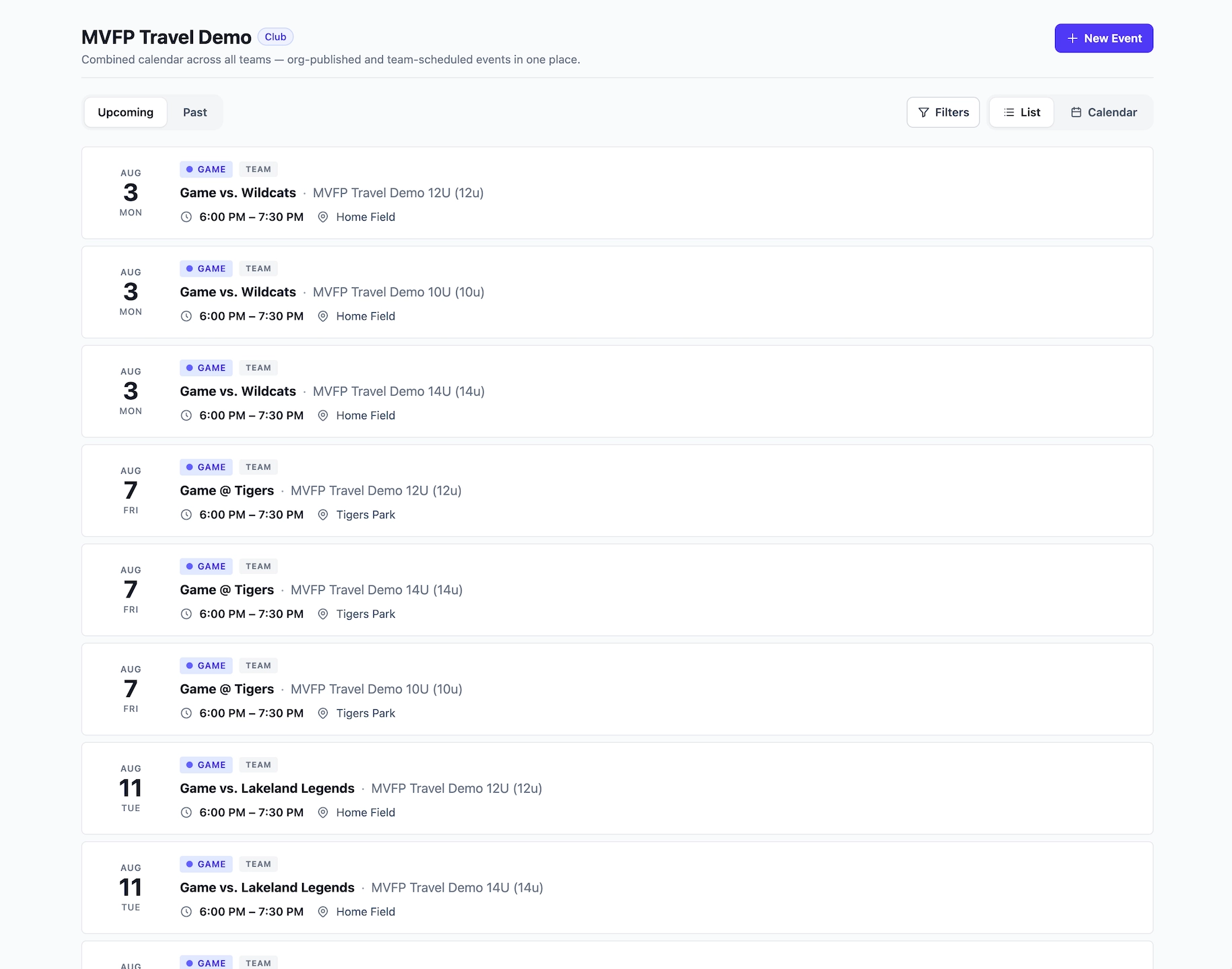 Lineupp club schedule with games, practices, and tournament events across every team in the organization