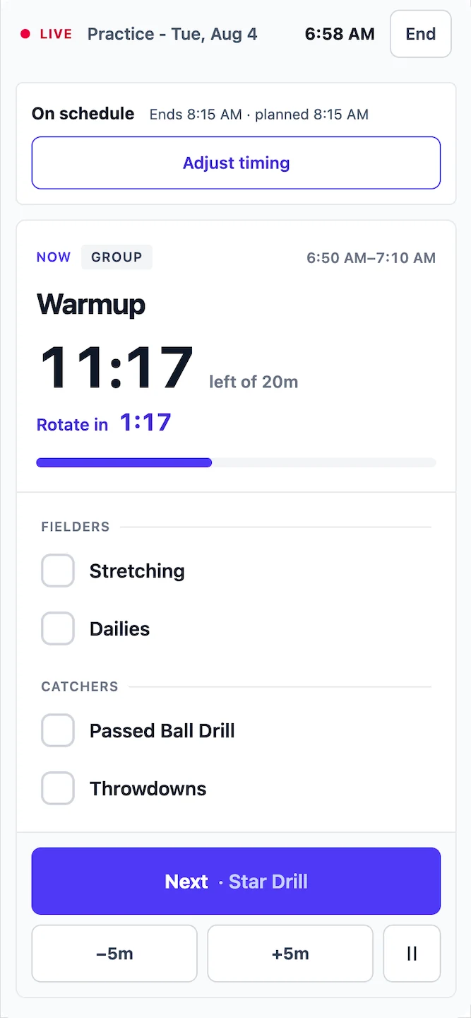Lineupp Practice Mode on a phone with a live drill timer, activity checklist, and next-block controls