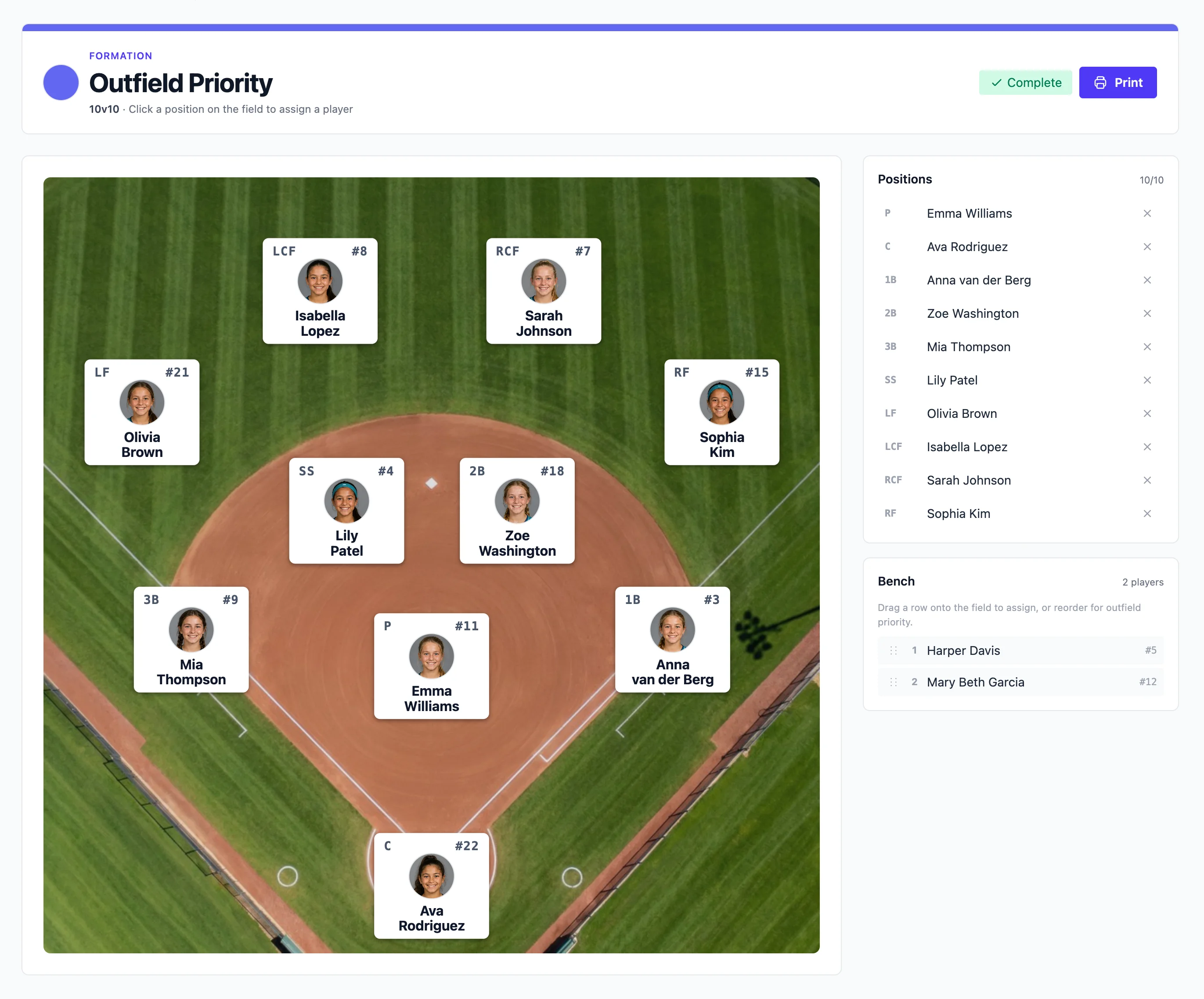 Lineupp defensive formation editor with player headshots placed at every position on an aerial field view