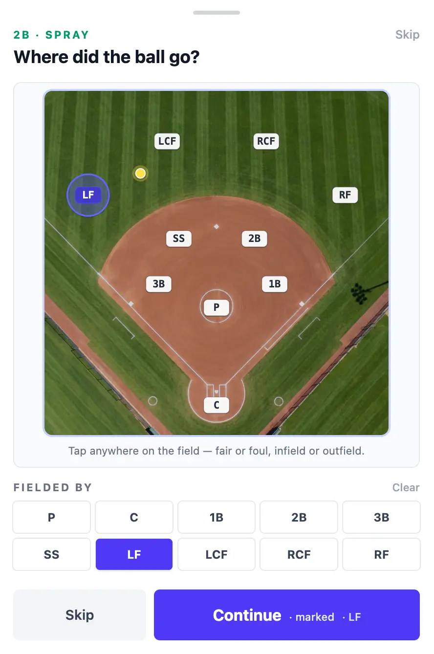 Lineupp scorekeeping screen showing the aerial softball field where the scorer taps the spot the ball landed, alongside the at-bat result picker — the surface where spray chart data is captured during the game