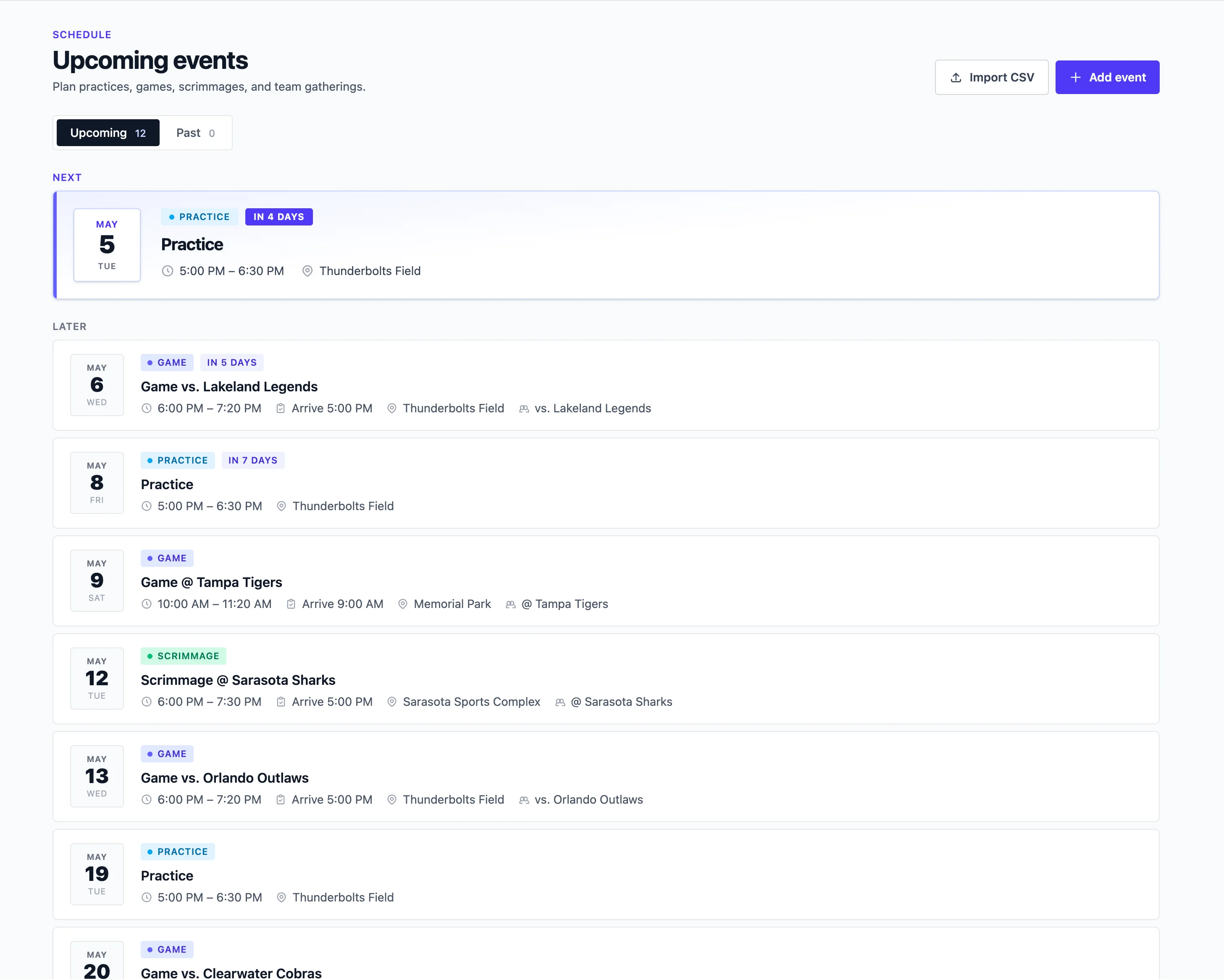 Lineupp schedule with games, practices, scrimmages, and team events on one shared calendar