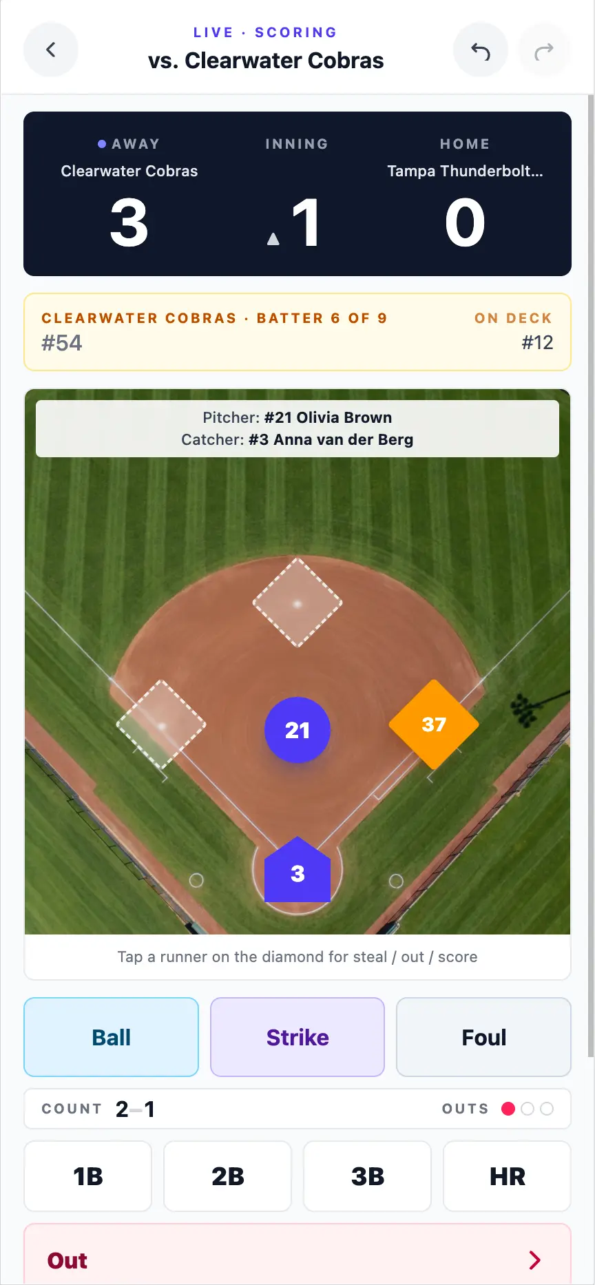 Lineupp softball scorekeep view on a phone with the live count, score, outs, and one-handed at-bat controls