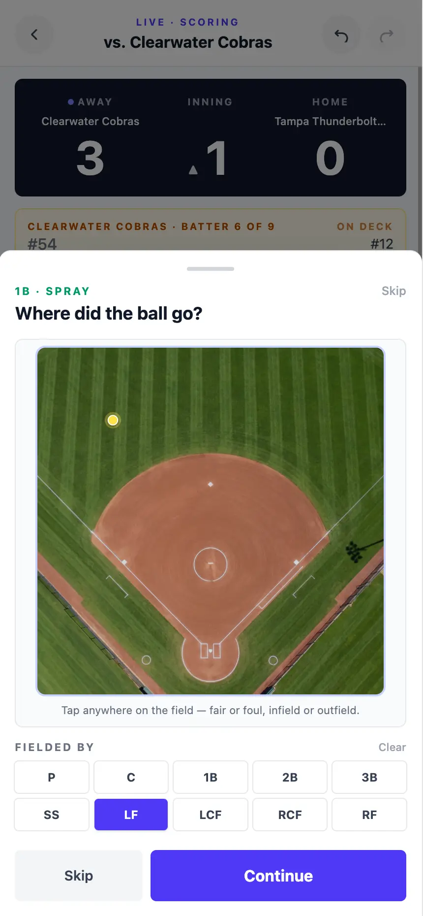 Lineupp softball scorekeep view on a phone recording the result of an at-bat with quick-tap hit, walk, error, and out buttons